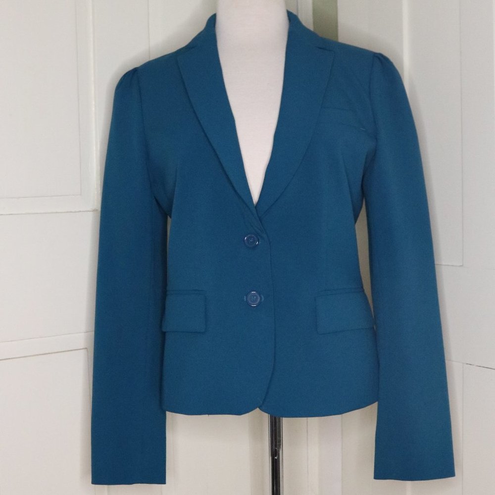 New York & Company Persian Blue Poly Crepe Lined Blazer Jacket Sz 12
